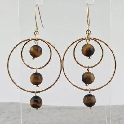 14k Yellow Gold Tigers Eye Bead Hook Earrings 