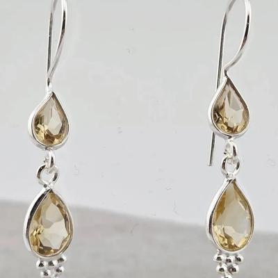 Natural Unheated Pear Cut Citrine Sterling Silver Dangle Earrings 