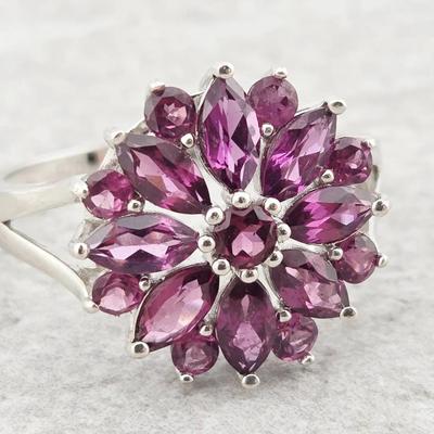 Natural Unheated Rhodolite Garnet Sterling Silver Cluster Ring 