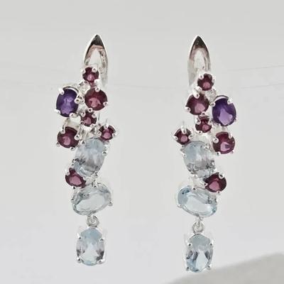 Natural Sky Blue Topaz, Amethyst, Rhodolite Garnet, & Tanzanite Sterling Silver Dangle Earrings 