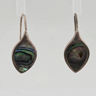 Vtg Sterling Silver Abalone Hook Earrings 