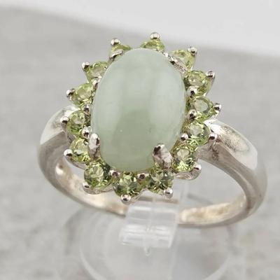 Natural Jade & Peridot Sterling Silver Ring 