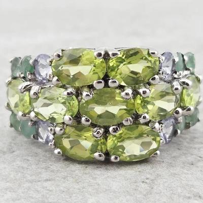Natural Unheated Peridot, Emerald & Tanzanite Cluster Sterling Silver Ring