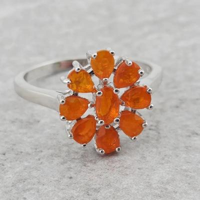Natural Orange Opal Cluster Sterling Silver Ring 