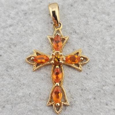 14k Yellow Gold Orange Garnet & Citrine Cross Pendant 