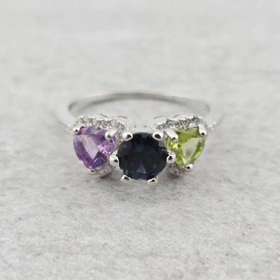Natural Topaz, Amethyst, & Peridot Sterling Silver Ring 