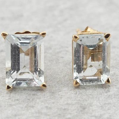 14k Gold 1.6ctw Natural Emerald Cut Aquamarine Stud Earrings 