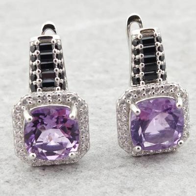 3ctw Natural Unheated Cushion Cut Amethyst & Spinel Sterling Silver Earrings 