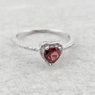 Natural Heart Cut Garnet Sterling Silver Ring 