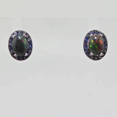 1ctw Natural Black Opal Rainbow Luster & Sapphire Sterling Silver Earrings 