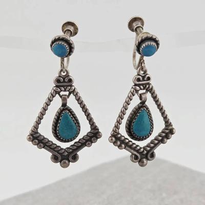 Vtg Sterling Silver Native Turquoise American Dangle Screw Back Earrings 