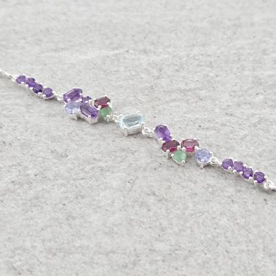 Natural Sky Blue Topaz, Amethyst, Emerald, Rhodolite Garnet, & Tanzanite Sterling Silver Bracelet 