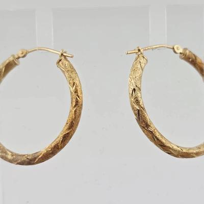 14k Yellow Gold Diamond Cut Satin Hoop Earrings 