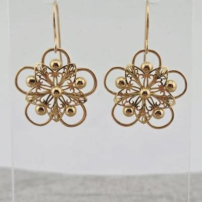14k Yellow Gold Ornate Filigree Hook Earrings 