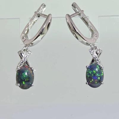 1.6ctw Natural Black Opal Rainbow Luster Sterling Silver Earrings 