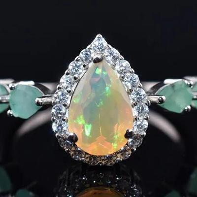 Pear Fire Opal & Emerald Natural Unheated Sterling Silver Ring