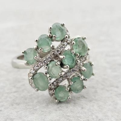 Natural Unheated Emerald Oval Cluster Sterling Silver Ring 
