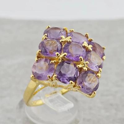 6.3ctw Natural Unheated Amethyst Gold Vermeil Sterling Silver Ring 