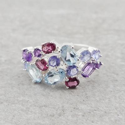 Natural Topaz, Amethyst, Garnet, & Tanzanite Sterling Silver Cluster Ring