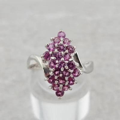 Natural Unheated Rhodolite Garnet Sterling Silver Cluster Ring 