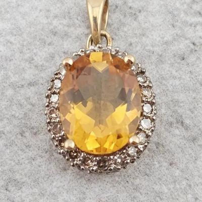 14k Gold 2.4ct Citrine & .33ctw Diamond Pendant 