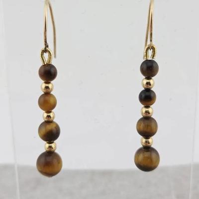 14k Yellow Gold Tigers Eye Bead Dangle Earrings 