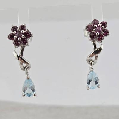 Natural Sky Blue Topaz & Rhodolite Garnet Sterling Silver Earrings 