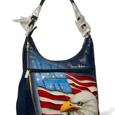 Anuschka Hand Painted Leather American Eagle Hobo Bag 