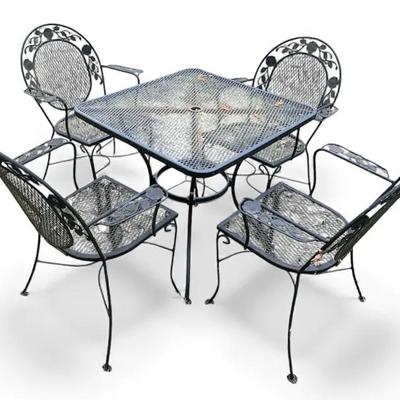 Metal Patio Table w/ 4 Floral Pattern Chairs