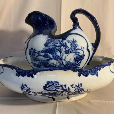 Ironstone Staffordshire England Pitcher And Basin Blue Flow 