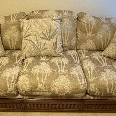Tropical Rattan Sleeper Sofa with Palm Tree Cushions – Pull-Out Bed