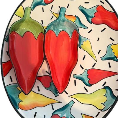 Clay Art “Chili Fest” Hand-Painted Serving Platter with Pepper Bowls – 3-Piece Set