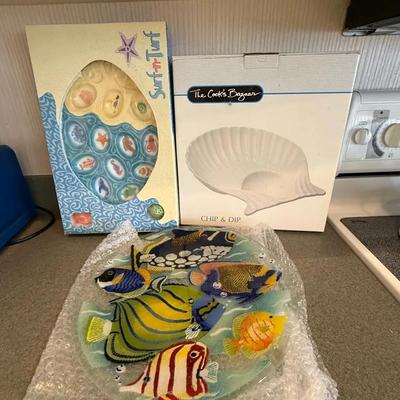 Coastal Kitchen Entertaining Set – Chip & Dip, Egg Dish, & Fused-Glass Fish Platter