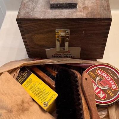 KIWI Hand-Crafted Wooden Shoe Valet Box with Brushes & Polishes