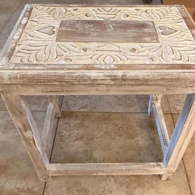 Carved Whitewashed Accent Table with Decorative Heart & Leaf Motif