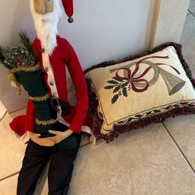 Tall Handmade Fabric Santa Doll Holding Holiday Arrangement