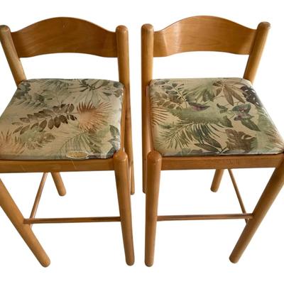 Set of 2 Wooden Bar Stools with Tropical Upholstered Seats
