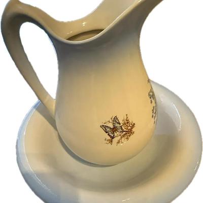 Vintage Ceramic Pitcher & Wash Basin Set with Butterfly & Blue Floral Motif