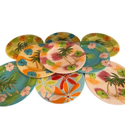 Tropical Palm Tree & Floral Earthenware Plate Set – 9 Plates
