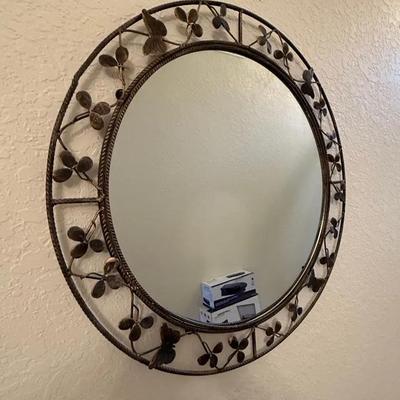 Round Metal Wall Mirror with Leaf & Vine Decorative Frame