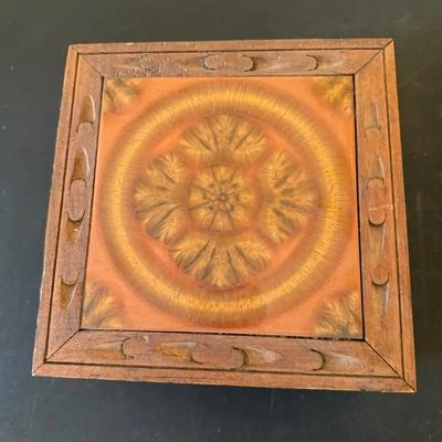 Vintage Hand-Carved Wooden Trinket Box with Ornate Medallion Lid