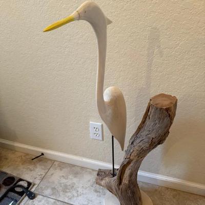 Large Carved Wood Egret Sculpture on Driftwood Base