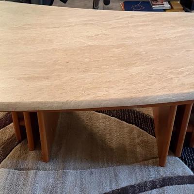 Modern Stone-Top Coffee Table with Sculptural Wood Base