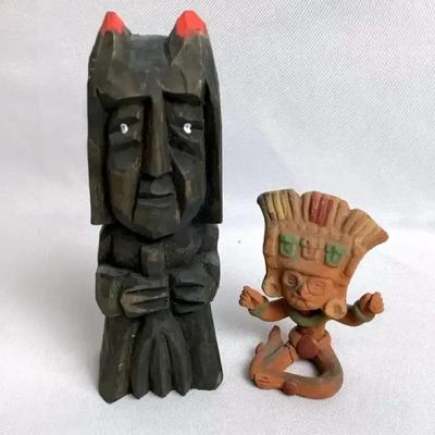 Mid-20th C. Folk Art Carved Wood Figure & Hand-Formed Clay Figurine Pair