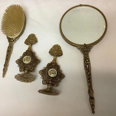 Hollywood Regency Mirror, Brush & Filigree Perfume Bottles – c. 1950s–1970s