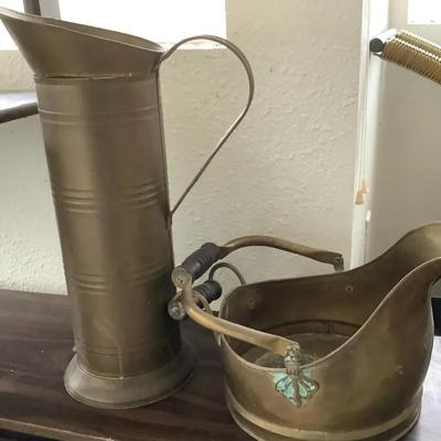 Brass Coal Scuttle with Decorative Handle and Patina