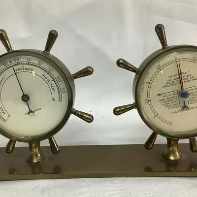 1950s–60s Brass Ship Wheel Thermometer & Barometer Set on Base