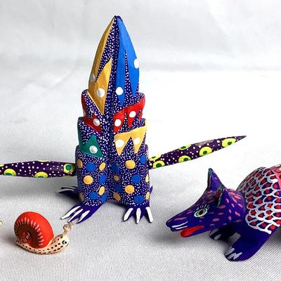 Contemporary Hand-Painted Oaxacan Alebrije Wood Carvings – Armadillo, Snails & Abstract Creature