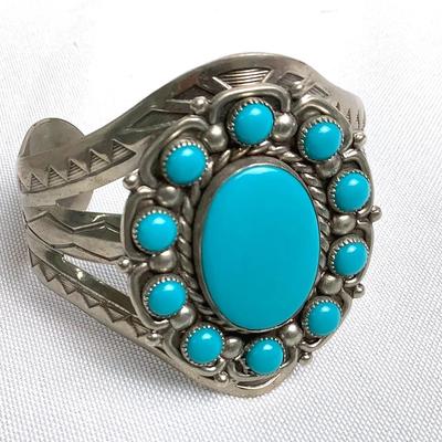 Vintage Bell Nickel Silver Aqua Cuff Bracelet 