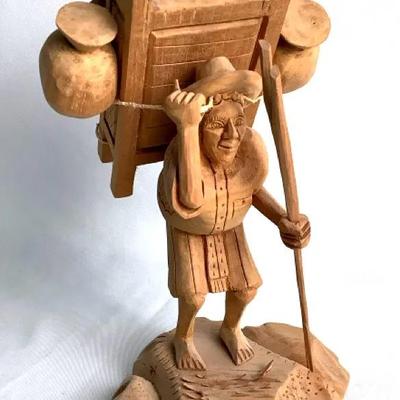 Hand-Carved Folk Art Wood Figurine of Traveling Porter / Water Carrier (c. 1960s–1980s)
